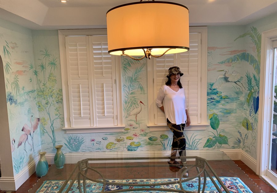 Tropical foliage mural room view with entry door open, Palm Beach, FL
