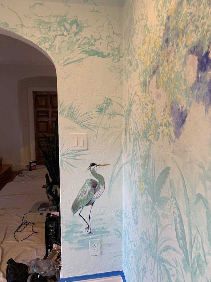 Tropical foliage mural detail with heron beside a doorway, Palm Beach, FL