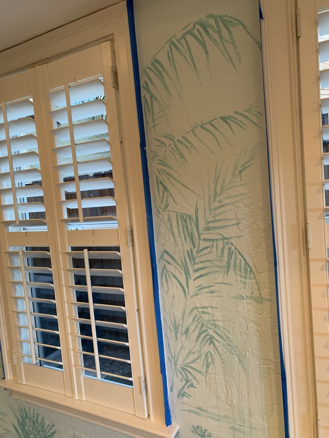 Tropical foliage mural detail beside window shutters in progress, Palm Beach, FL