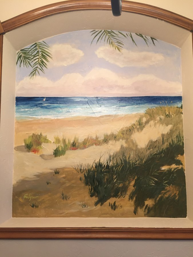 Realistic trompe window herons-on-dune mural with metal heron sculptures by Maureen Fulgenzi — Naturalistic palette, Palm Beach, FL