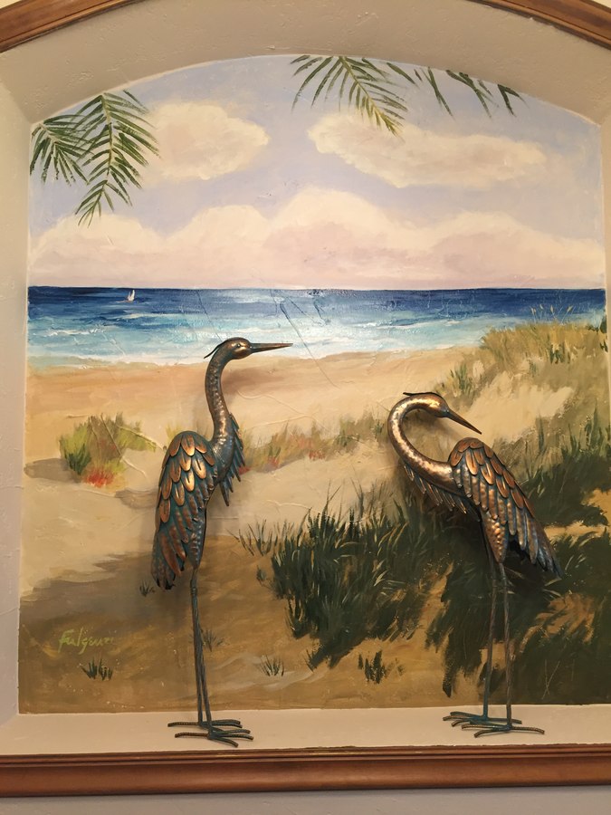 Herons on dune trompe window mural close-up with beach grass detail, Palm Beach, FL