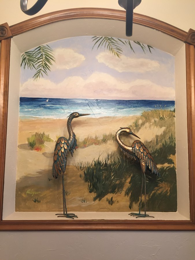 Herons on dune trompe window mural detail with dune grass and shoreline, Palm Beach, FL