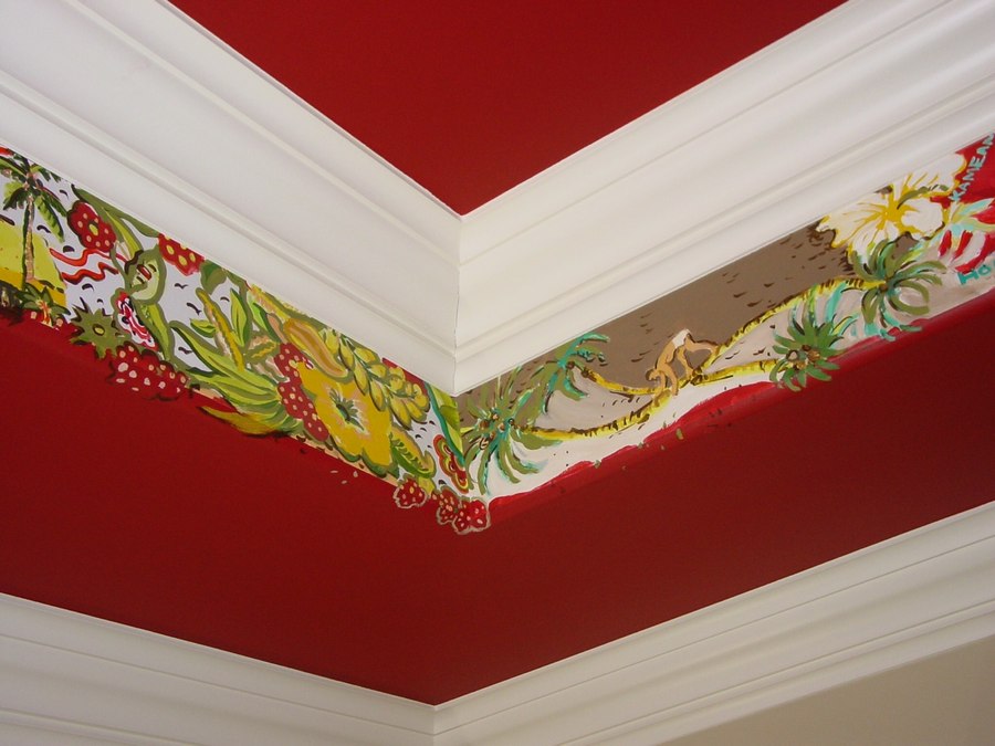Painterly tropical foliage border mural along a red ceiling by Maureen Fulgenzi — Vivid on red palette, Palm Beach, FL