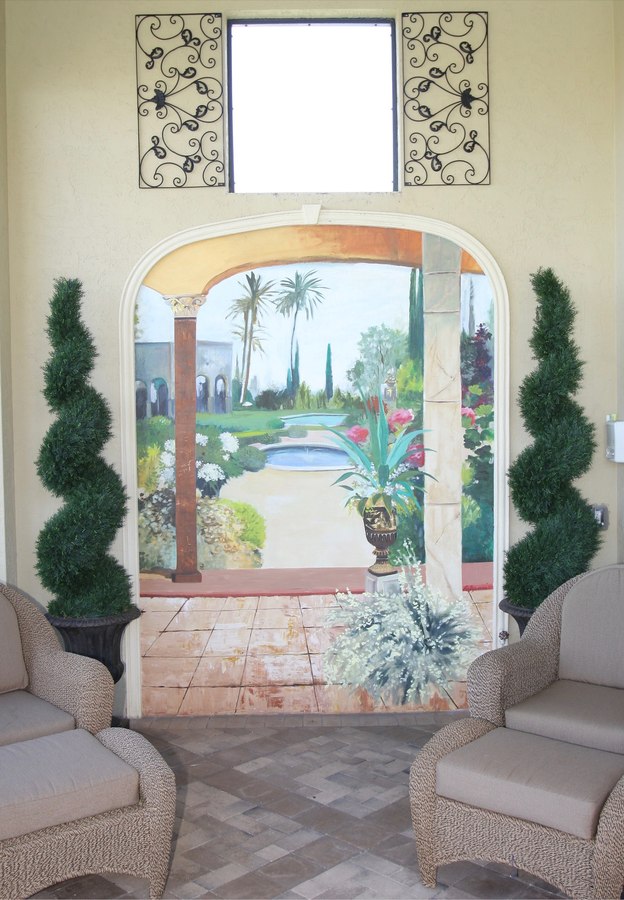 Trompe l'oeil garden and fountain mural in an arched wall niche by Maureen Fulgenzi — Naturalistic palette, Palm Beach, FL