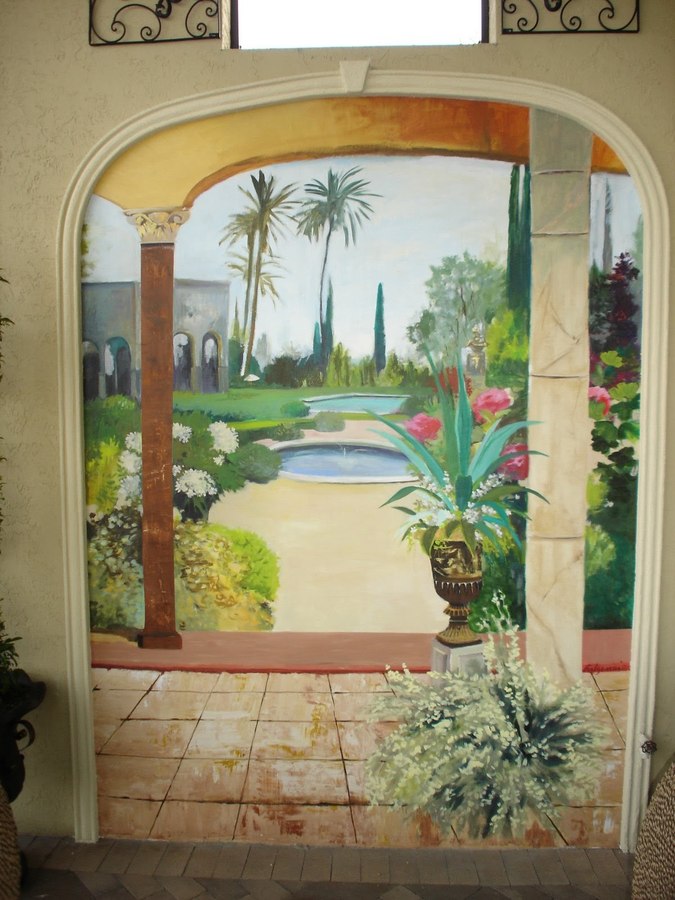 Garden and fountain mural niche close-up with potted urn and columns, Palm Beach, FL