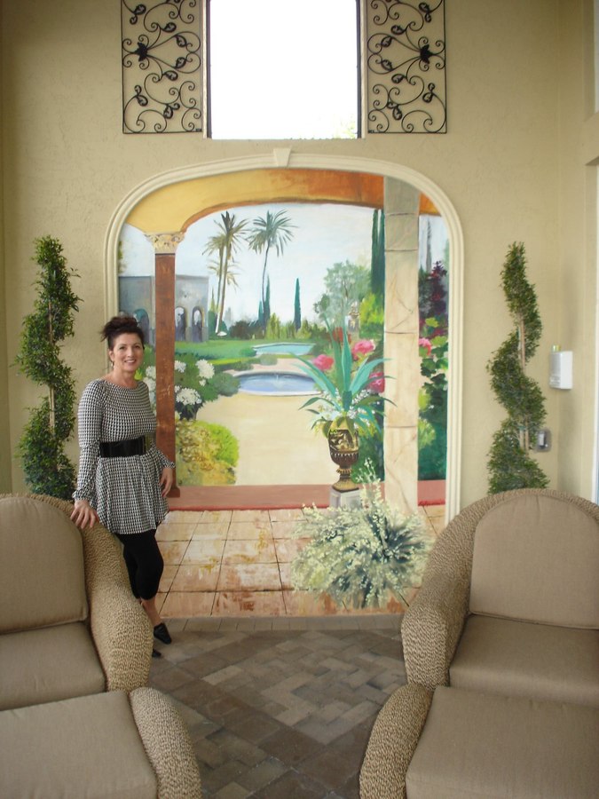 Garden and fountain mural niche with homeowner for scale, Palm Beach, FL