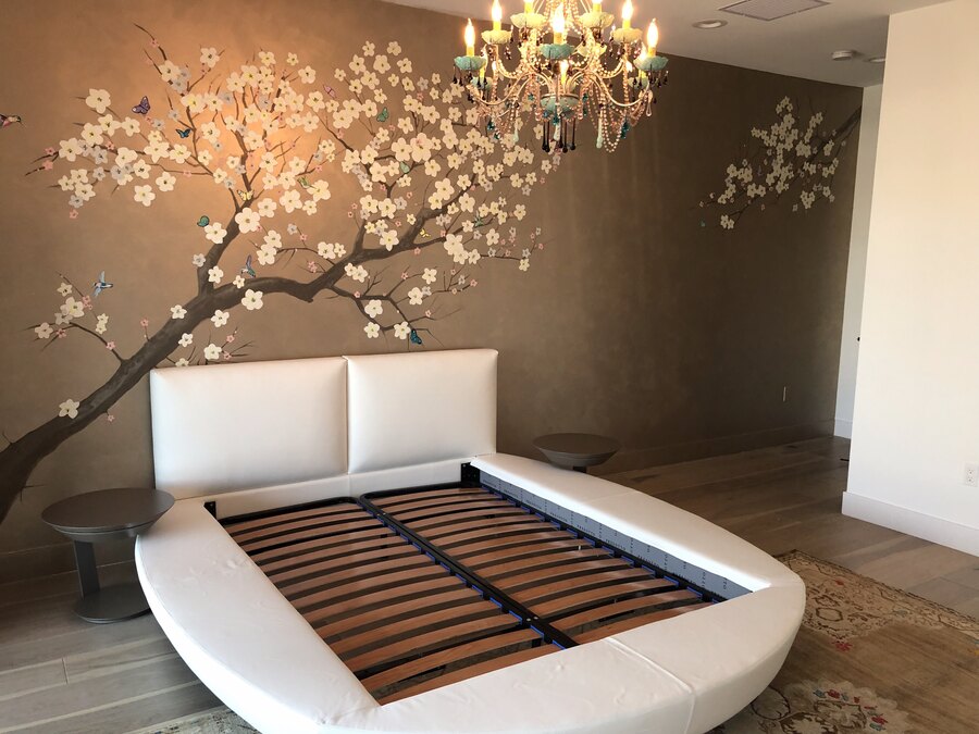 Chinoiserie Asian tree branch mural by Maureen Fulgenzi — Soft palette, Palm Beach, FL