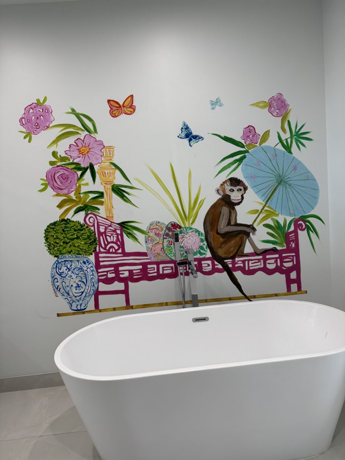 Chinoiserie Monkey, florals, bench mural by Maureen Fulgenzi — Vivid palette, Palm Beach, FL