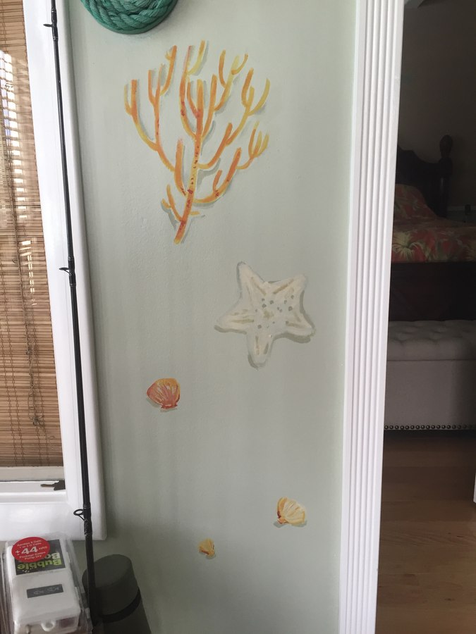 Sealife and nautical mural detail with painted coral, starfish and shells, Palm Beach, FL