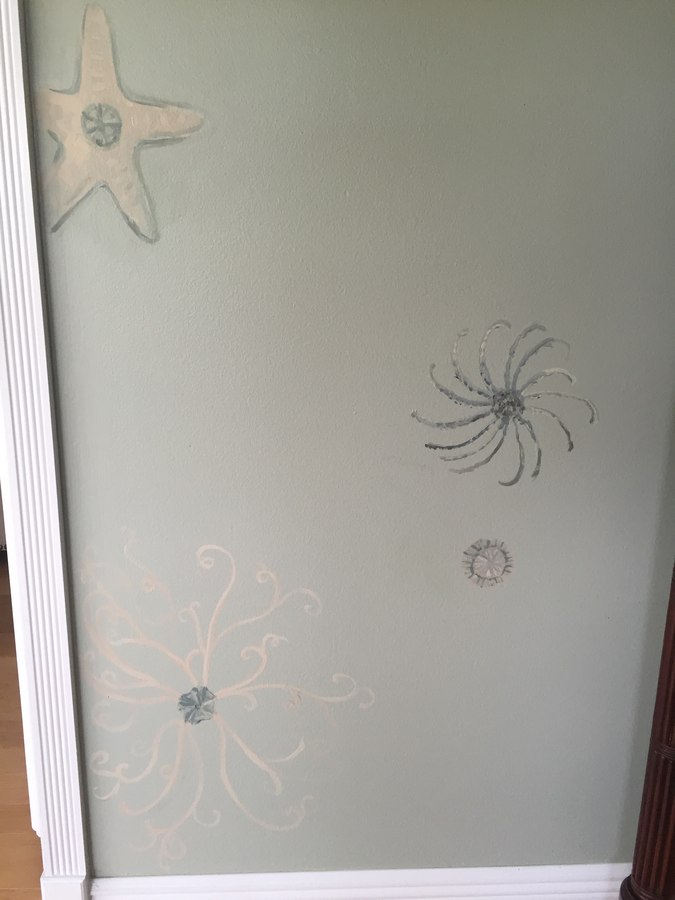 Sealife and nautical mural detail with starfish, sea urchin and coral filigree, Palm Beach, FL