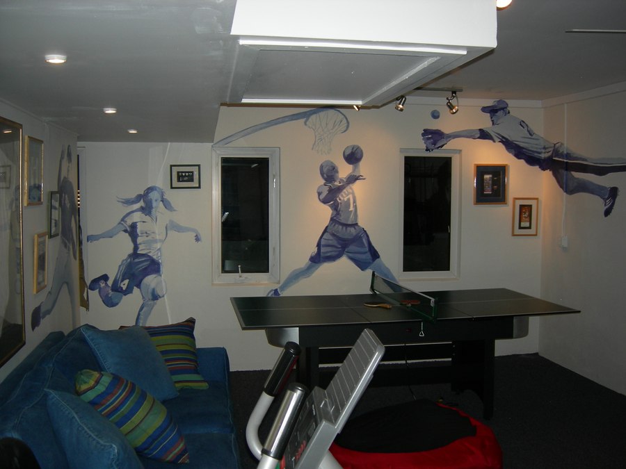 Pop graphic athlete and football figure game room mural by Maureen Fulgenzi — Blue palette, Palm Beach, FL