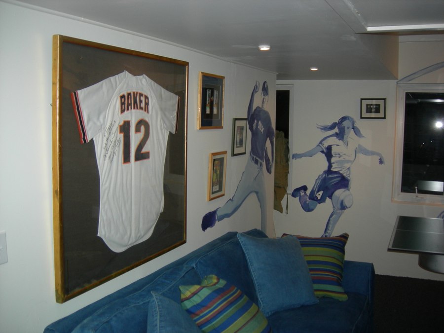 Baseball and framed jersey game room mural detail, Palm Beach, FL