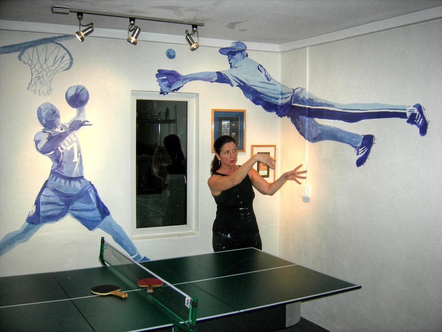Basketball and ping pong figures game room mural detail, Palm Beach, FL
