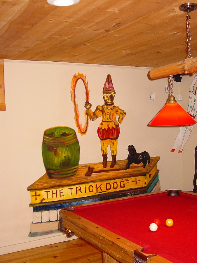 The Trick Dog carved sign mural detail in a game room bar by Maureen Fulgenzi, Palm Beach, FL