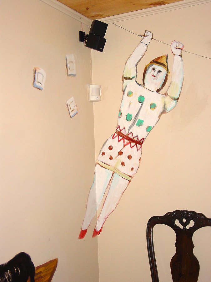 Marionette puppet figure mural hanging from a painted string, entertainment room, Palm Beach, FL