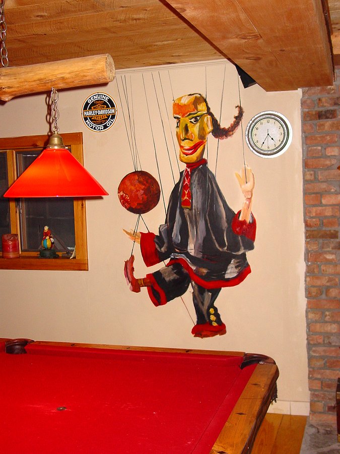 Marionette puppet mural wide view above a pool table, entertainment room, Palm Beach, FL