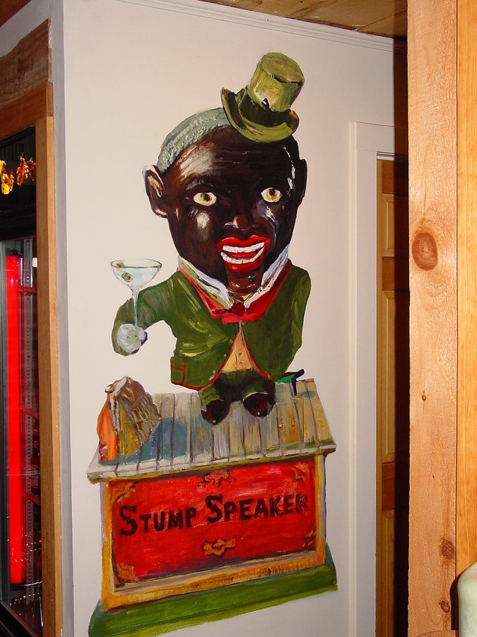 Stump Speaker toy figure mural close-up detail, entertainment room, Palm Beach, FL