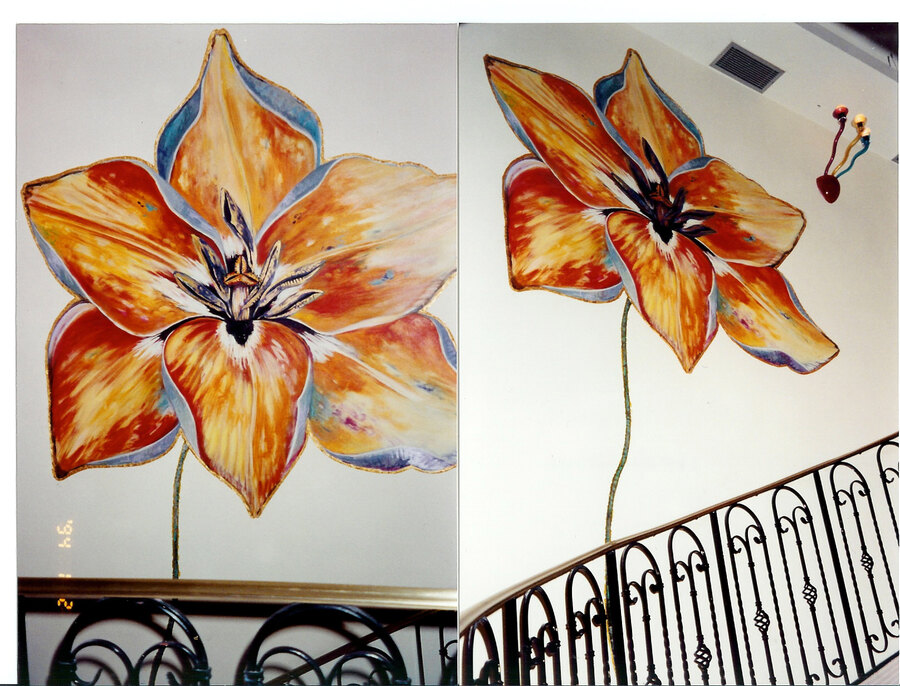 Botanical Orange lily florals mural by Maureen Fulgenzi — Warm palette, Palm Beach, FL