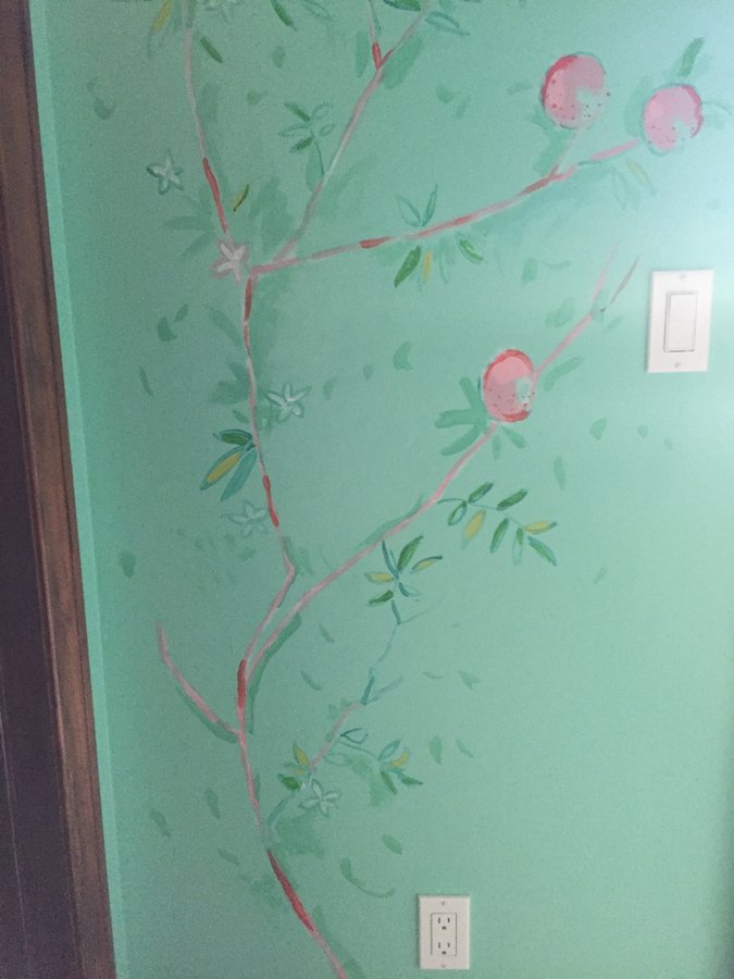 Chinoiserie rose branch mural detail on a soft green wall by Maureen Fulgenzi, Palm Beach, FL