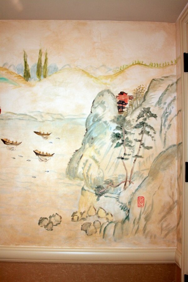 Chinoiserie Asian mountain landscape mural by Maureen Fulgenzi — Muted palette, Palm Beach, FL