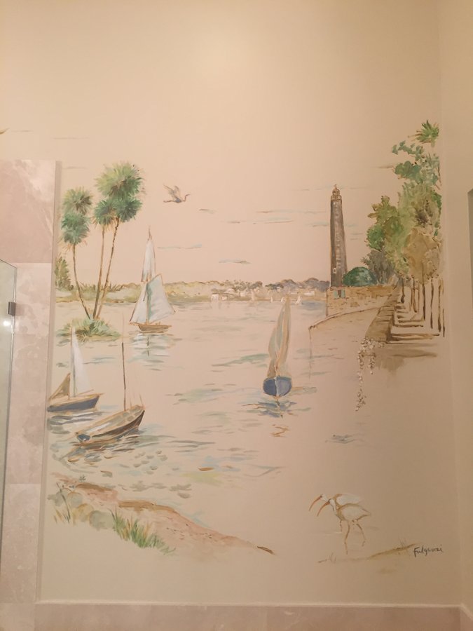 Impressionistic sailboat harbor mural with palm trees, obelisks and a heron, signed by Maureen Fulgenzi, Palm Beach, FL