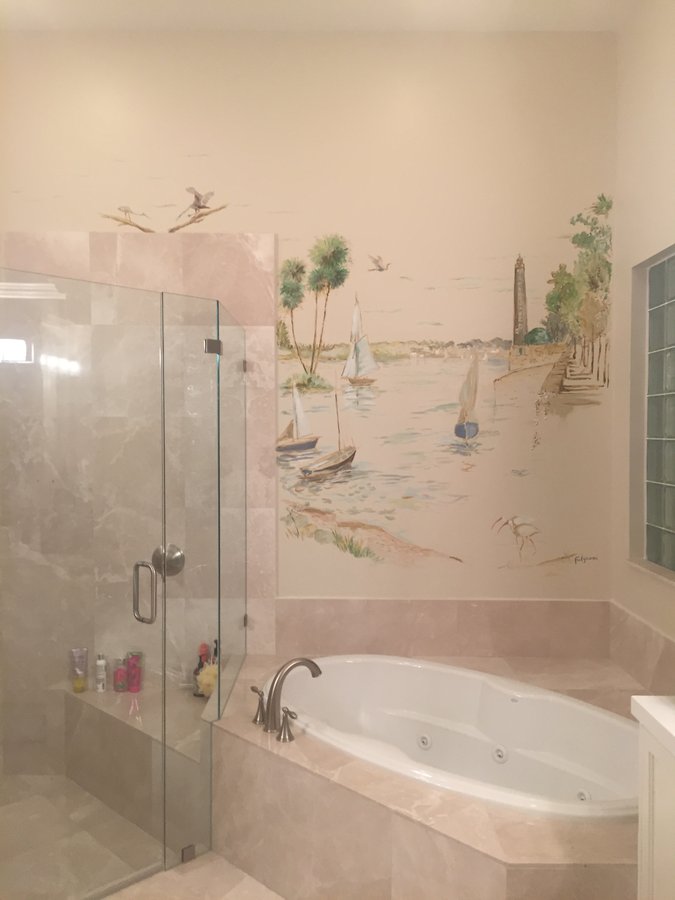 Sailboat harbor mural view beside a glass shower and soaking tub, Palm Beach, FL