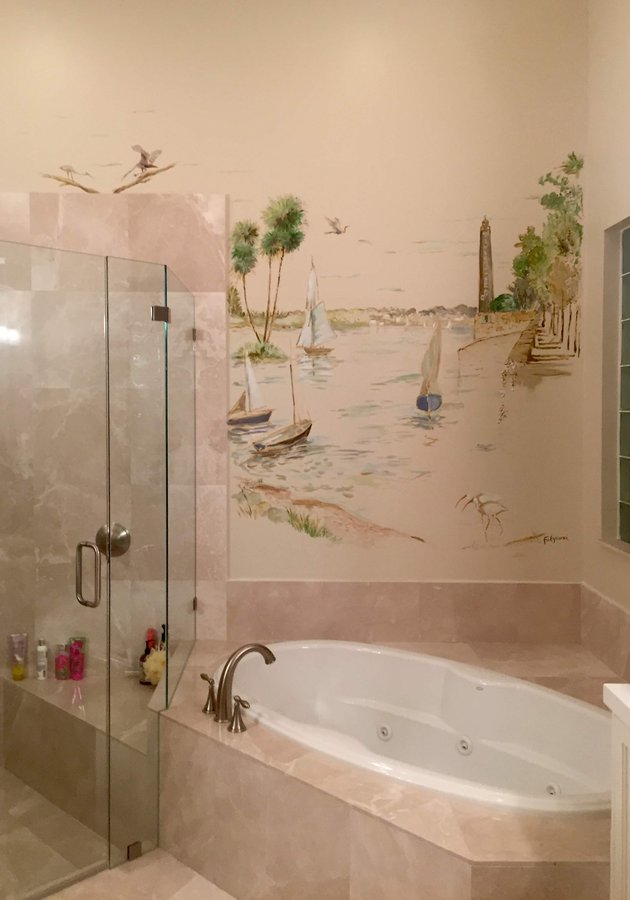 Second view of the sailboat harbor mural beside the shower, Palm Beach, FL