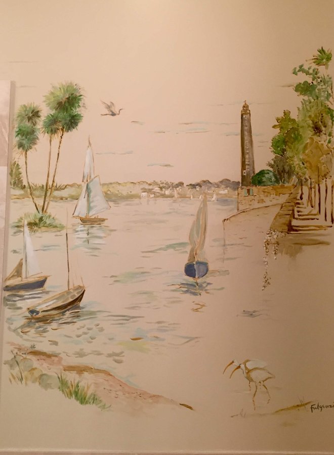 Sailboat harbor mural detail with palm trees and dock pilings, Palm Beach, FL