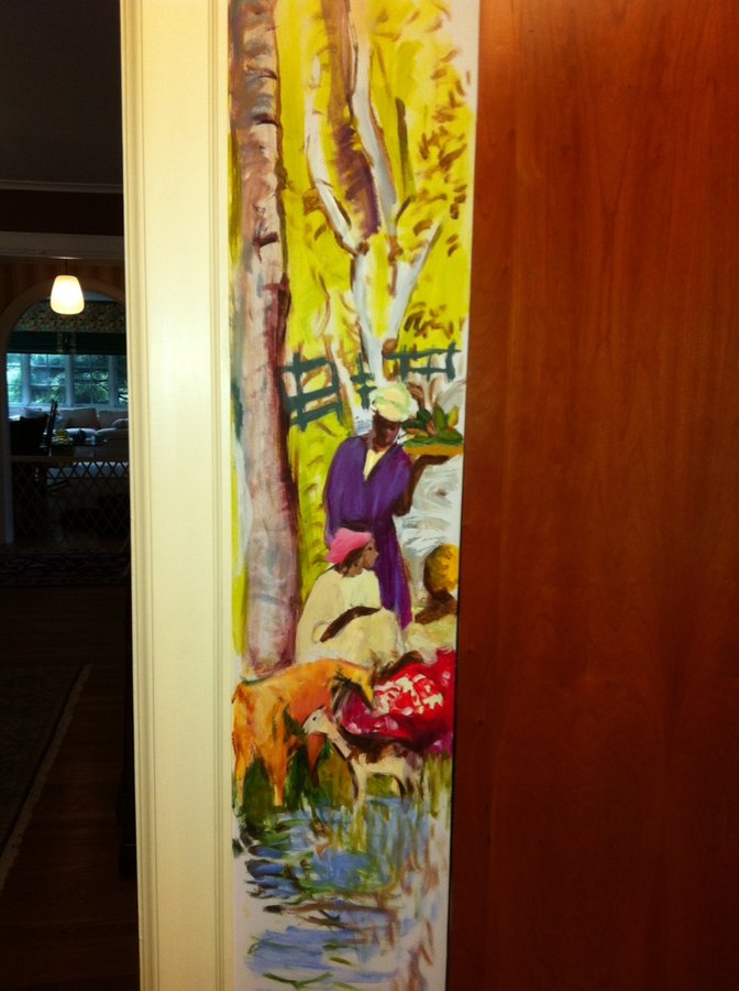 Folk-style mural of African women carrying baskets beneath a tree, painted on a door panel by Maureen Fulgenzi, Palm Beach, FL