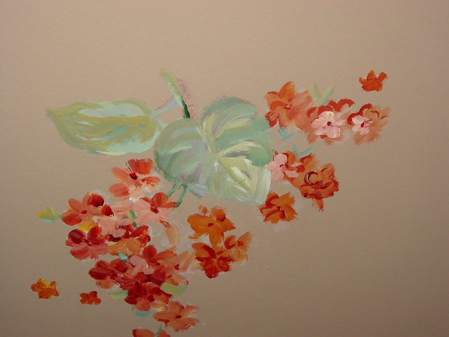Floral branch mural detail with coral and orange blossoms, Palm Beach, FL