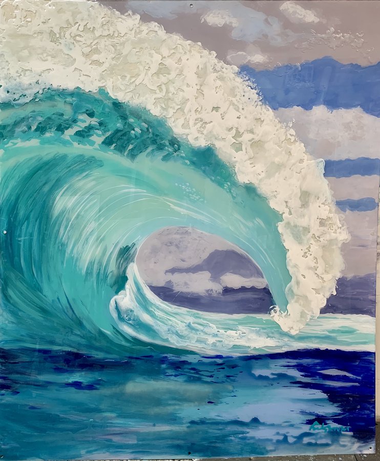 Curling ocean wave mural detail, teal and white palette, by Maureen Fulgenzi, Palm Beach, FL