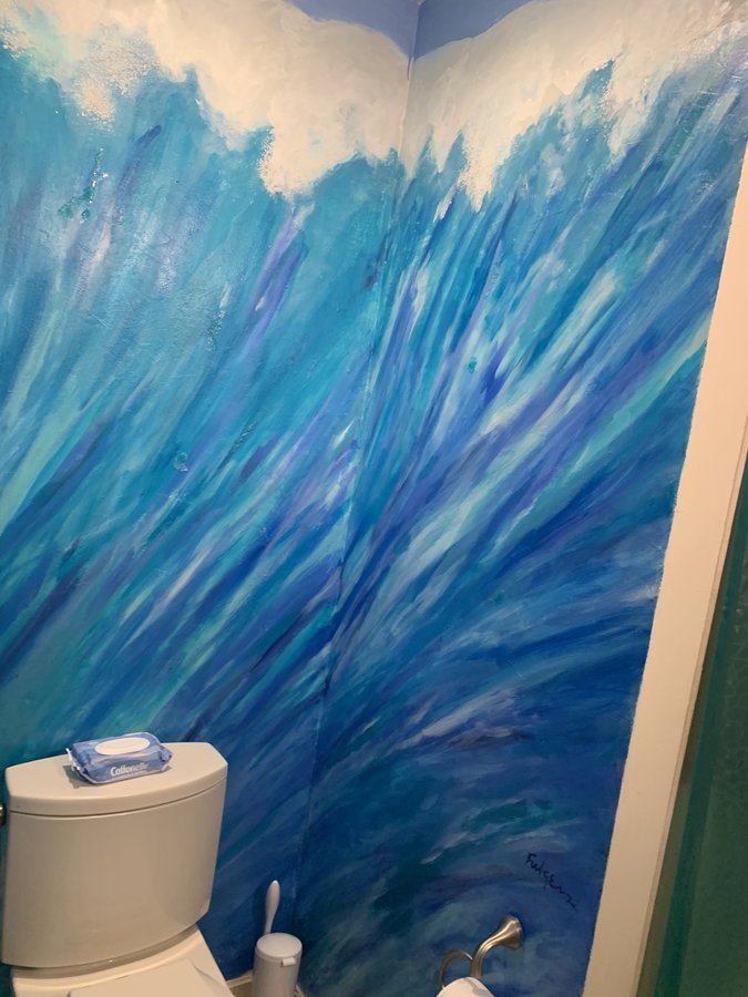 Ocean wave mural corner view above the toilet, Palm Beach, FL