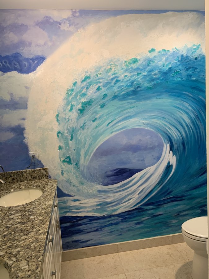 Ocean wave mural view above a granite-topped vanity, Palm Beach, FL
