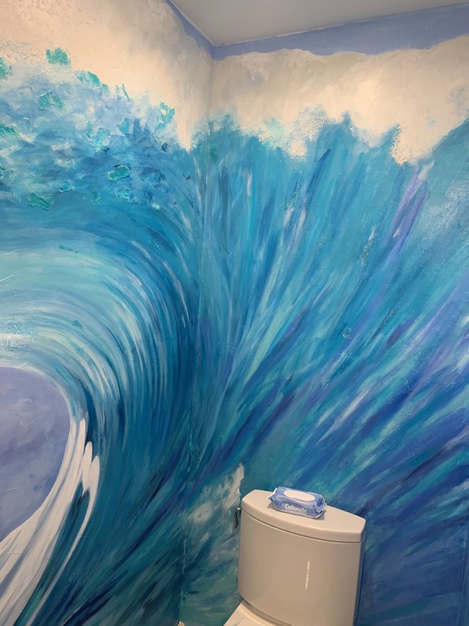 Ocean wave mural corner view above the toilet, second angle, Palm Beach, FL