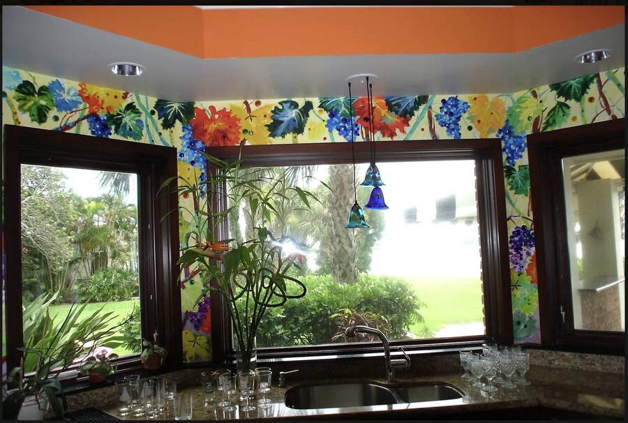 Botanical Florals around window mural by Maureen Fulgenzi — Vivid palette, Palm Beach, FL