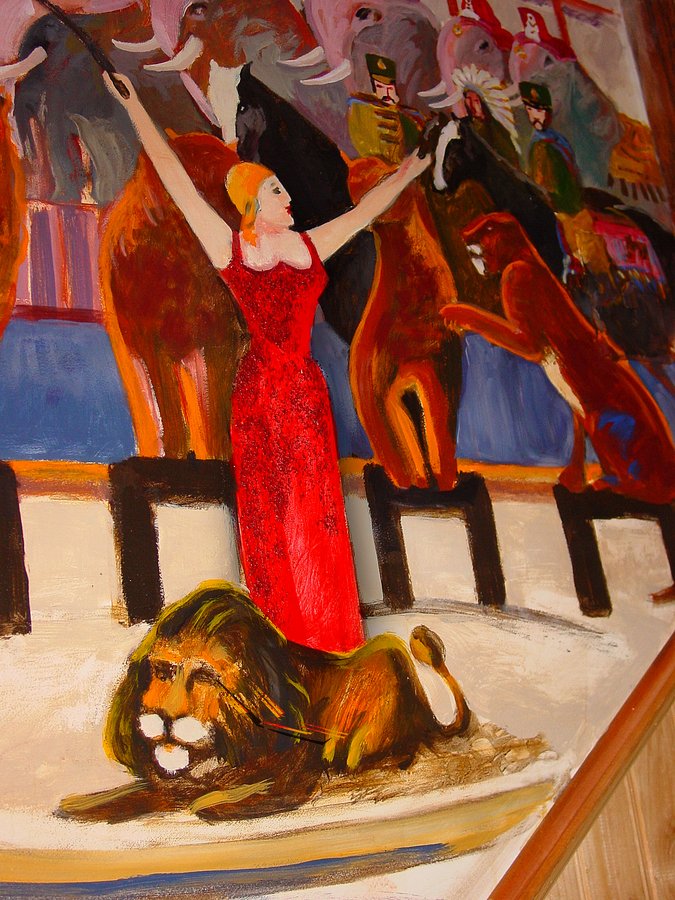 Circus ringmaster in a red gown with a lion, elephants and horses mural by Maureen Fulgenzi, Palm Beach, FL