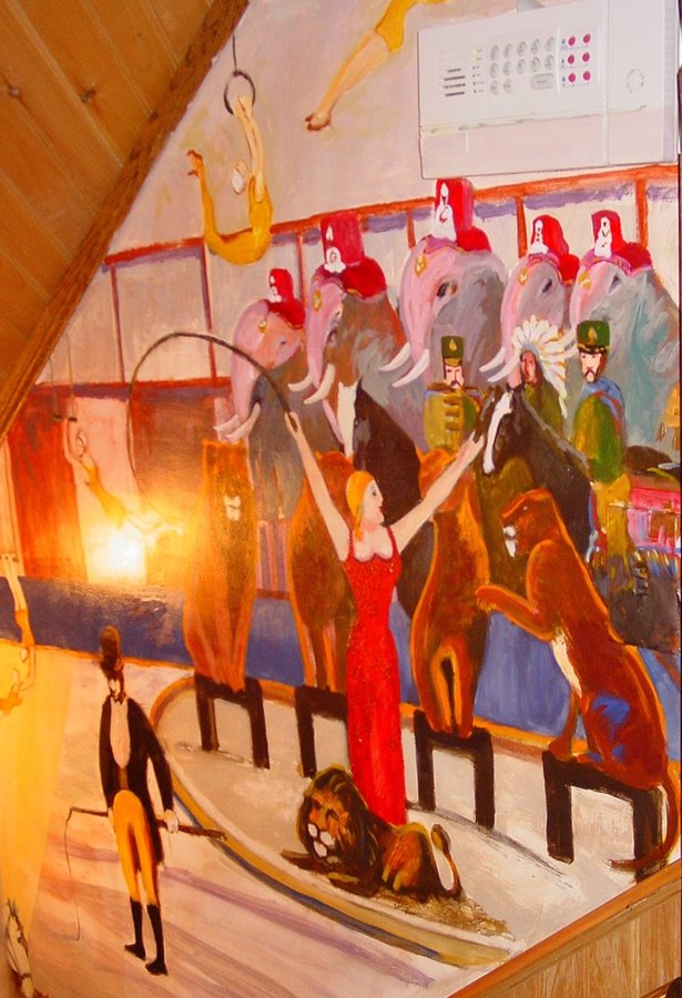 Circus ringmaster with lion and red gown mural detail, game room, Palm Beach, FL