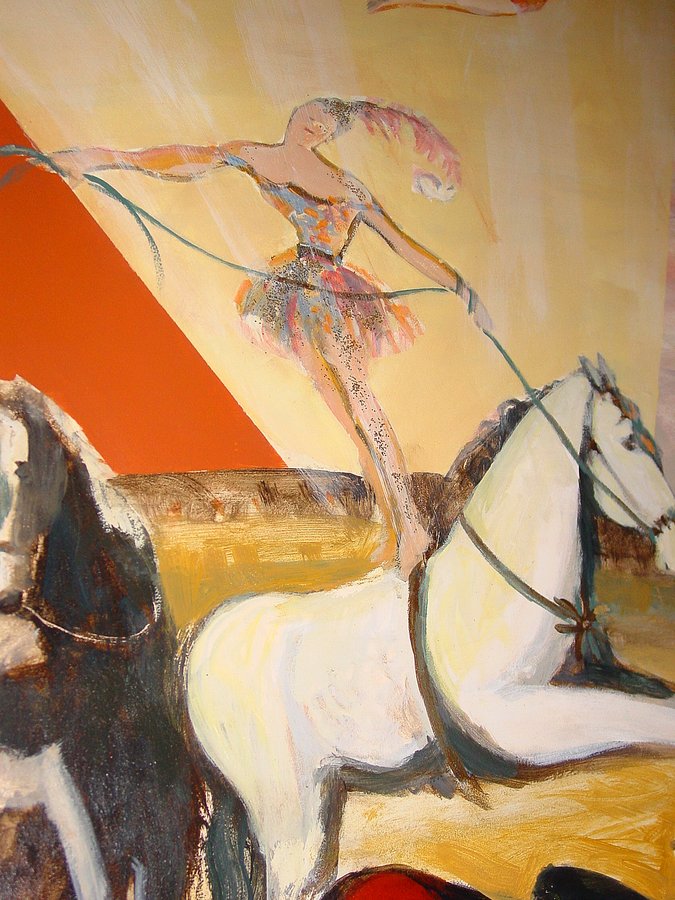 Circus horse and ballerina performer mural detail near the ceiling, game room, Palm Beach, FL