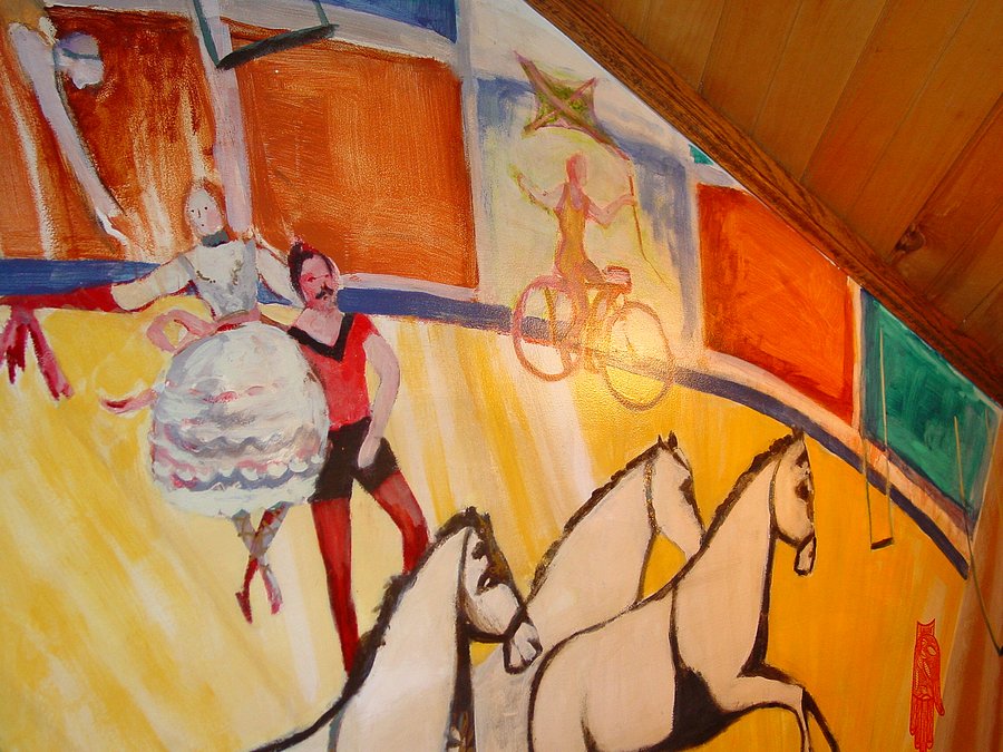 Circus performers on horseback and bicycle mural detail, game room, Palm Beach, FL