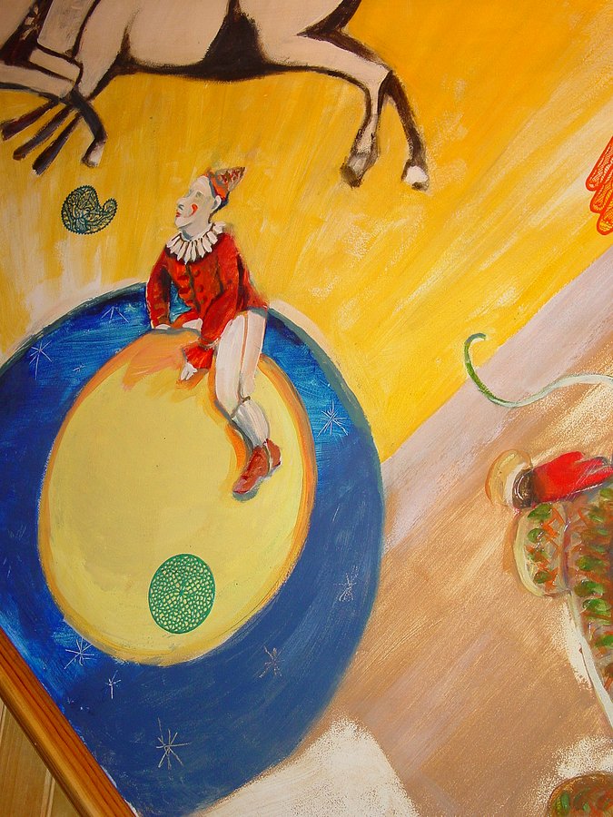 Circus clown balancing on a ball mural detail, game room, Palm Beach, FL