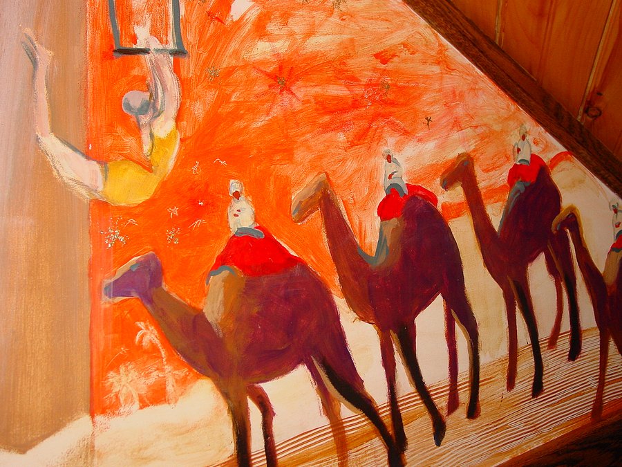 Circus trapeze acrobat and camel caravan mural detail near the ceiling, game room, Palm Beach, FL