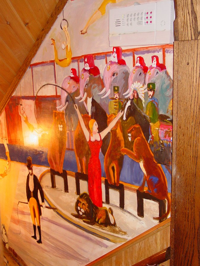 Circus ringmaster, elephants and horse parade mural wide view, game room, Palm Beach, FL