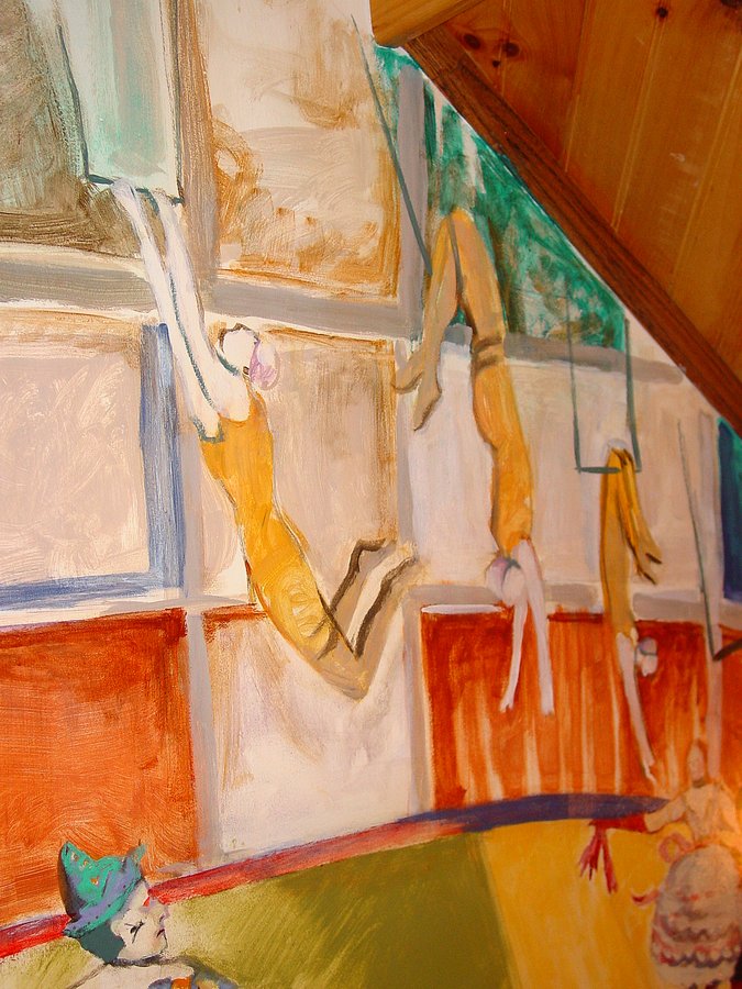 Circus trapeze and acrobat mural detail near the ceiling, game room, Palm Beach, FL