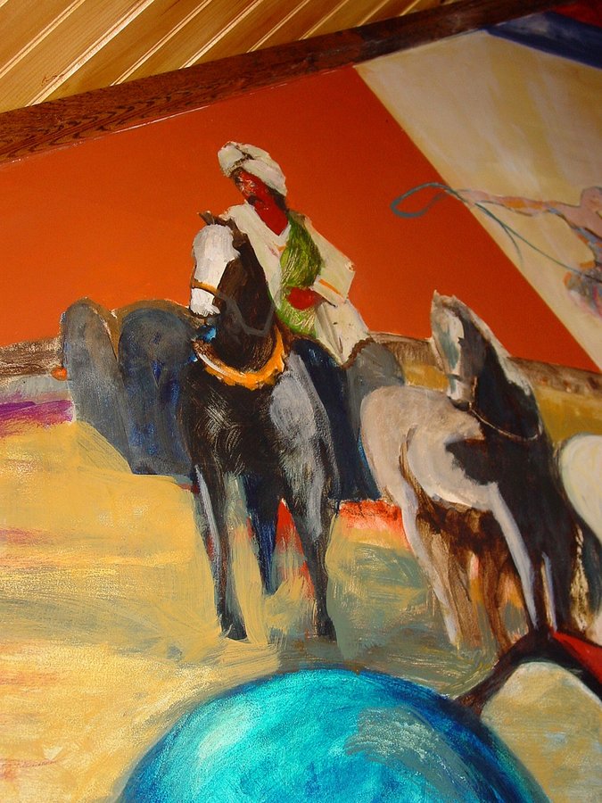 Circus horseback riders mural detail beside a blue circus ball, game room, Palm Beach, FL