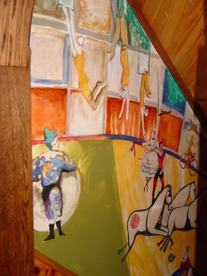 Circus ringmaster and elephant parade mural detail, game room, Palm Beach, FL