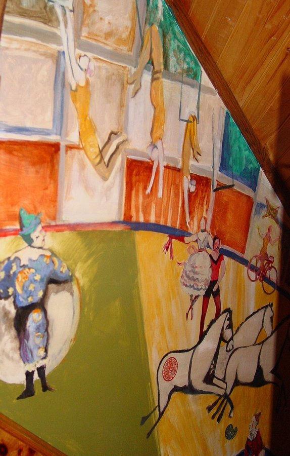 Second view of the circus ringmaster and elephant parade mural detail, game room, Palm Beach, FL