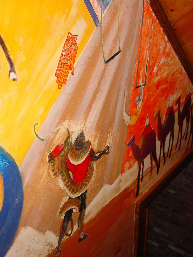 Circus performer mural detail with camel caravan backdrop, game room, Palm Beach, FL