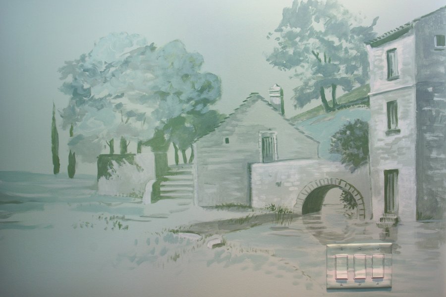 Tuscan hillside village mural detail with stone tower and cypress trees, Palm Beach, FL