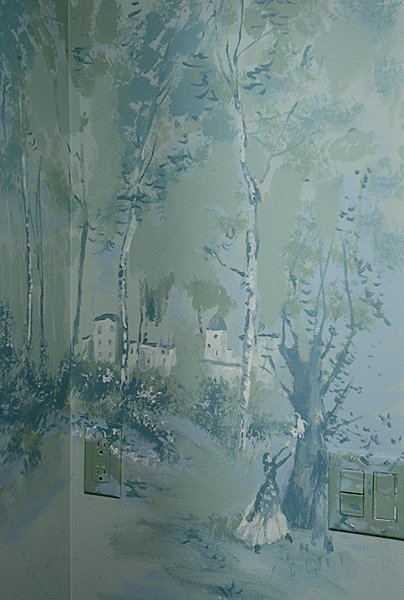 Tuscan forest and village mural detail beside a light switch, Palm Beach, FL