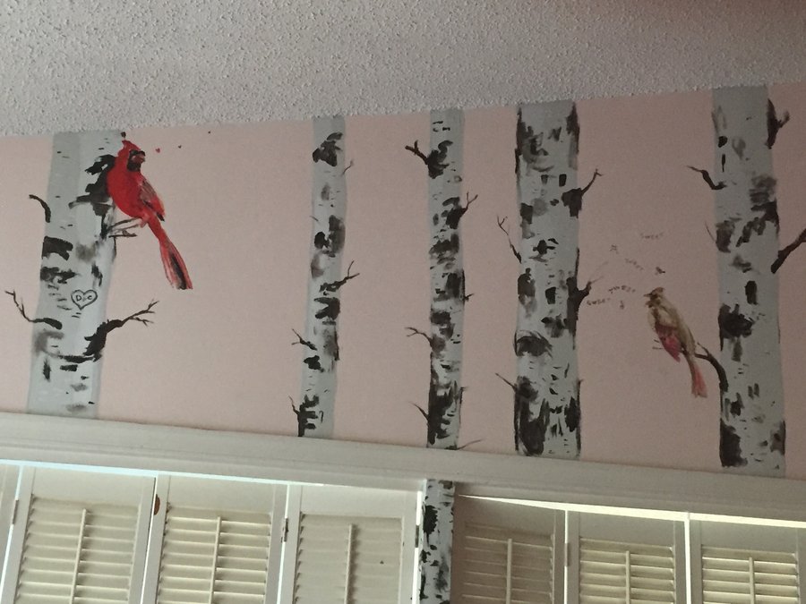 Birch tree and cardinal mural above plantation window shutters, pink accent wall, Palm Beach, FL